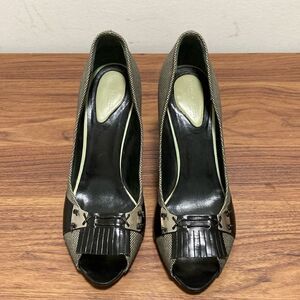 Bottega Veneta Black/Gray Canvas Pumps with Leather Fringe & Peep Toe. Size 39.